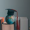 books on a bookshelf with a globe wear a graduate's mortarboard